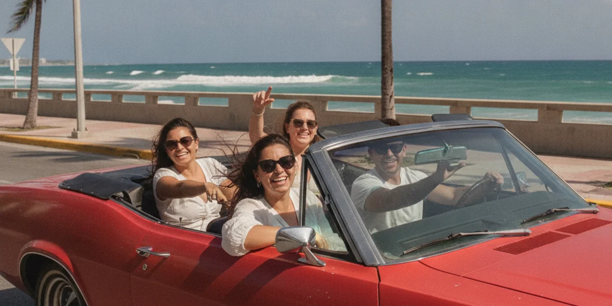 Convertible rental car with the top down on a Condado coastal road — Car Rental San Juan